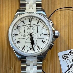 Certina Ceramic Watch With 38mm White Chronograph Face & White & Silver Bracelet